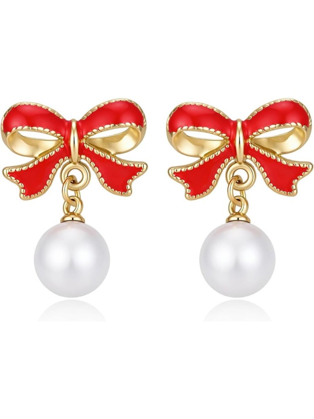 Women's Gold Plated Red Enamel Bow Pearl Drop Dangle Earrings Elegant Jewelry